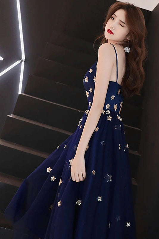 Spaghetti Straps Blue Tulle Tea Length Homecoming Dresses with Stars N2135