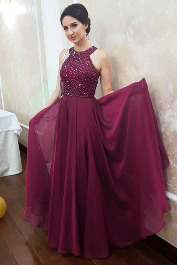 Sparkly Dark Magenta Jewel Sleeveless Floor Length Chiffon Prom Dress ...