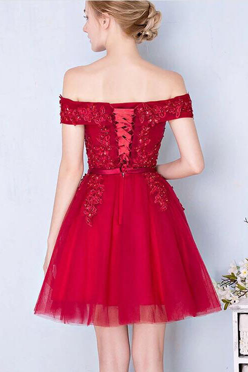 Burgundy Off the Shoulder Lace Tulle Homecoming Dresses