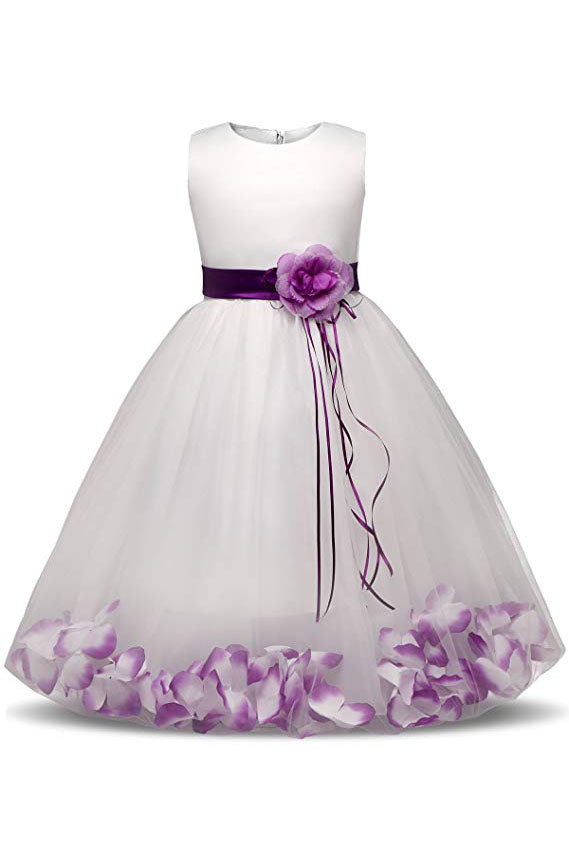 White Ball Gown Sleeveless Long Flower Girl Dress with Purple Flowers Sash F064