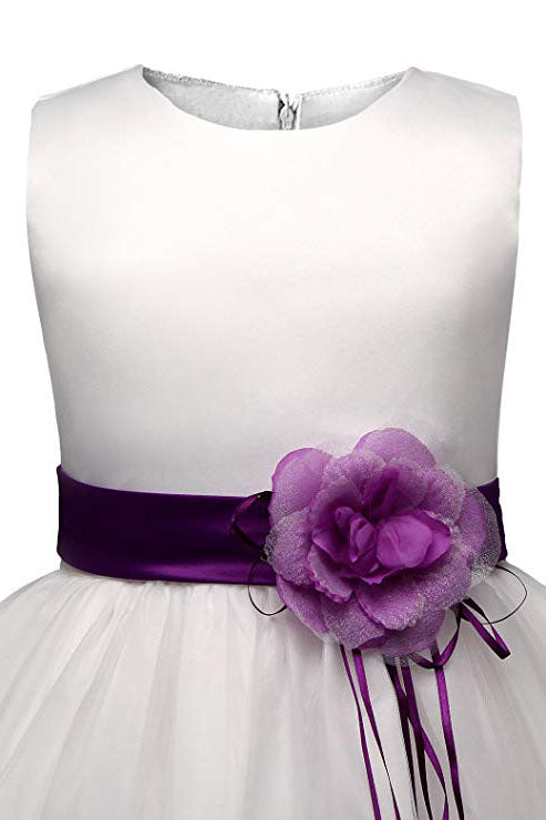 White Ball Gown Sleeveless Long Flower Girl Dresses with Purple Flowers Sash F064