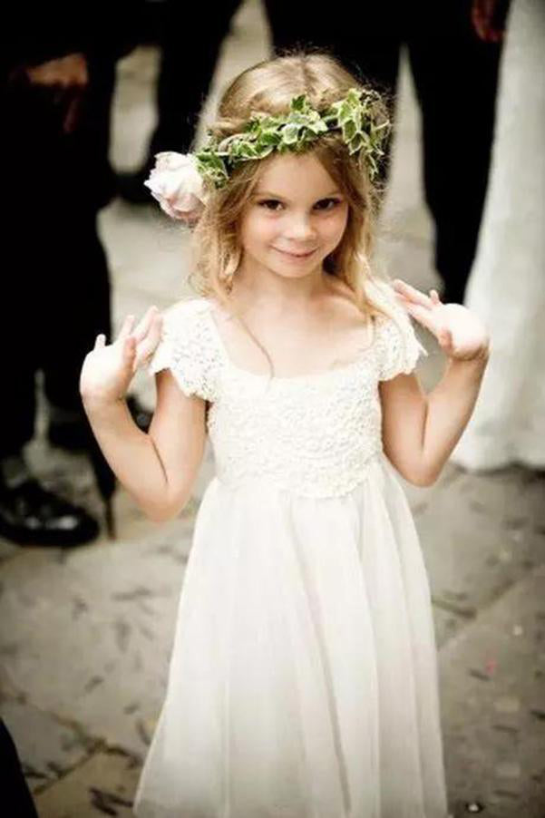 Glamorous Lace & Tulle Square Neckline Cap Sleeve A Line Flower Girl Dresses F073