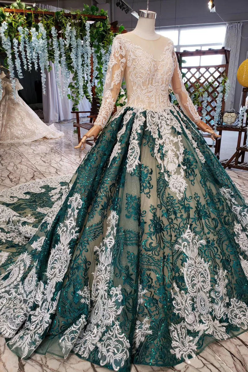 Green Long Sleeves Ball Gown Lace Prom Dress with Appliques, Long Prom ...