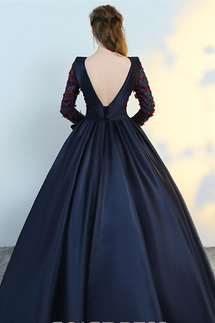 Puffy Flower Applique Floor Length Long Sleeve Satin Party Dresses With Bowknot N1223