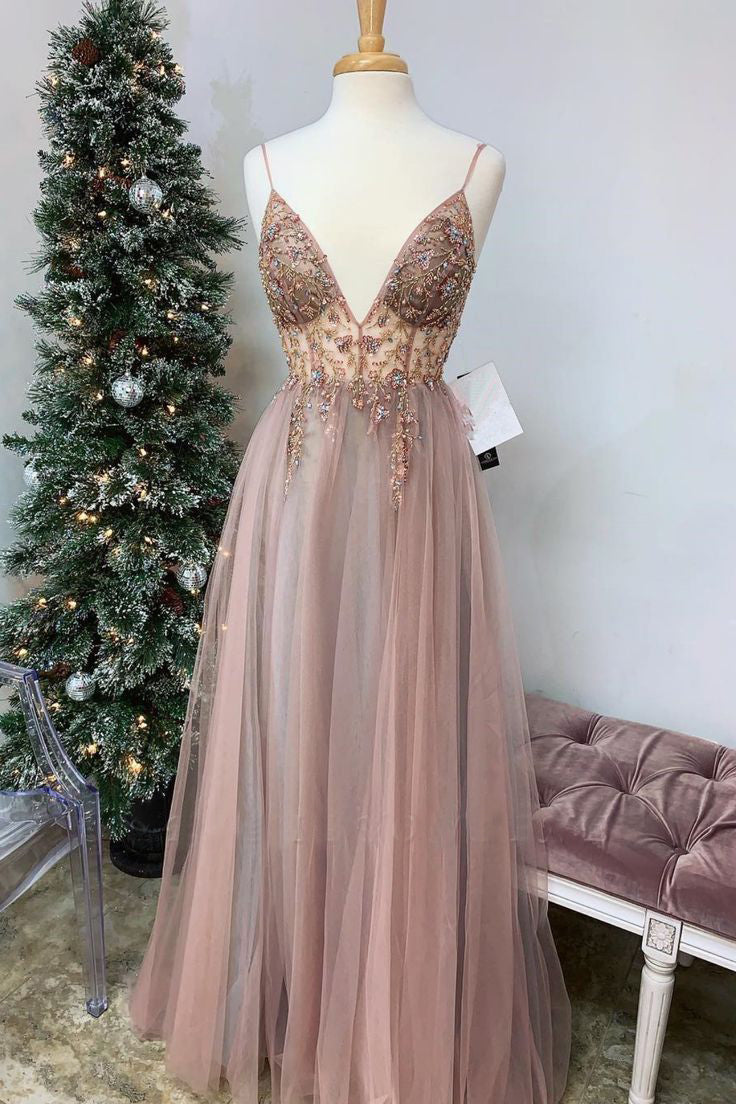 Spaghetti Straps Floor Length Beading Prom Dresses with Rhinestone N2590