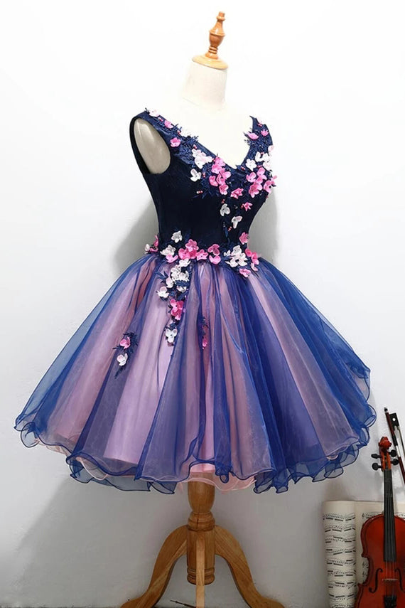 Cute V-Neck Unique Flowers Homecoming Dresses with Beading Sweet 16 Dresses N2156