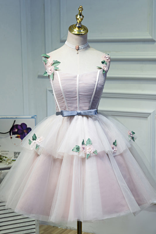 Puffy Straps Tulle Homecoming Dress with Flowers, Princess Graduation Dress with Belt N1973