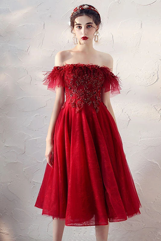 Burgundy Off the Shoulder Knee Length Homecoming Dress with Beading, A Line Dress N2188