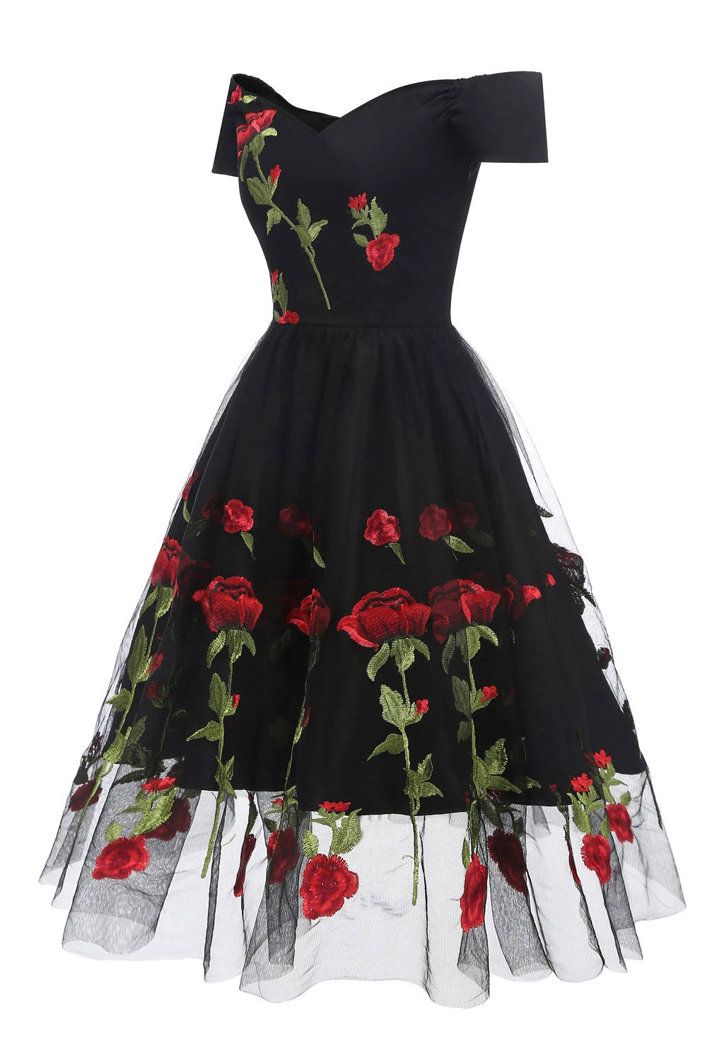 Retro Off the Shoulder Tulle Black Party Dresses with Flowers Knee Length Homecoming Dresses N2107