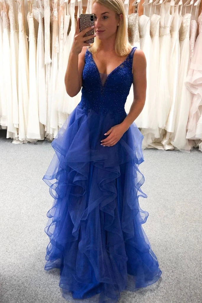 Blue V-Neck Sleeveless Tulle Prom Dresses with Ruffles Floor Length Be ...