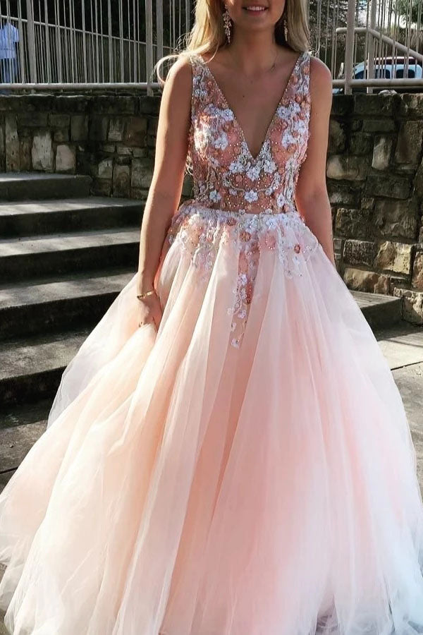 Light Pink V-Neck Sleeveless Tulle Prom Dresses with Flowers and Beads N2389