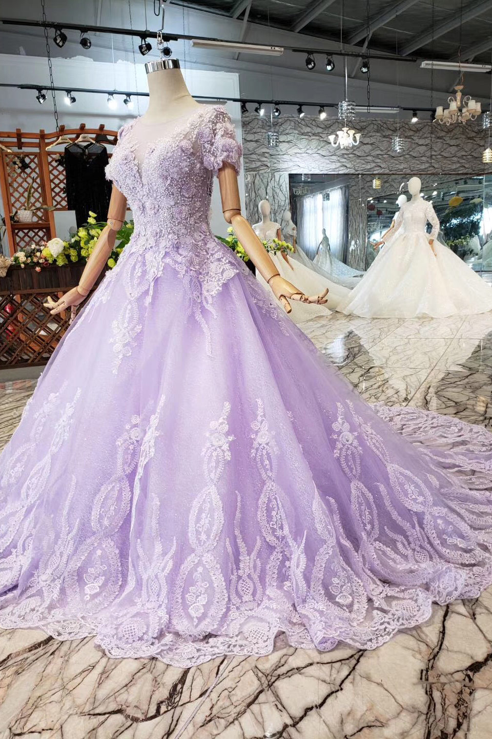 Gorgeous Lilac Ball Gown Short Sleeves Prom Dresses with Sheer Neck