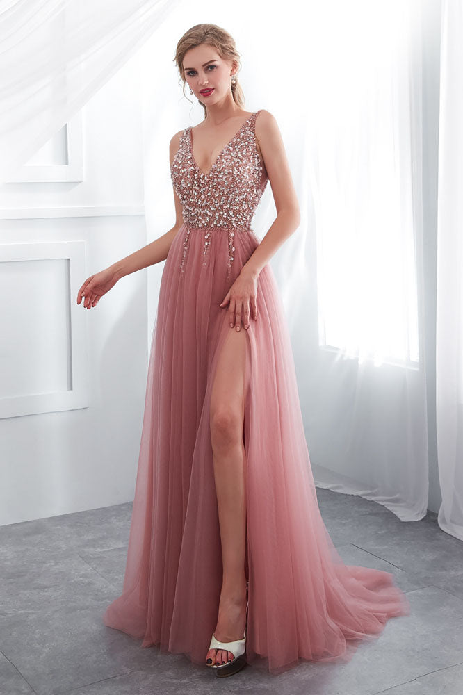 Beading V-Neck Pink High Split Tulle Sweep Train Sleeveless Evening Gown with Sequins N2278