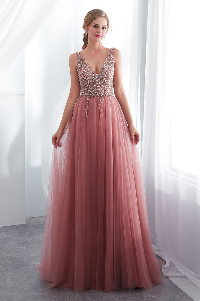 Beading V-Neck Pink High Split Tulle Sweep Train Sleeveless Evening Gown with Sequins N2278