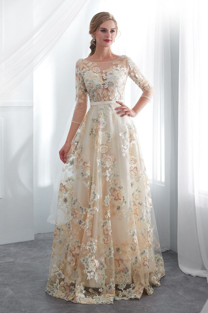 A Line 3/4 Sleeves Floor Length Floral Prom Dresses Long Evening Gowns N2277