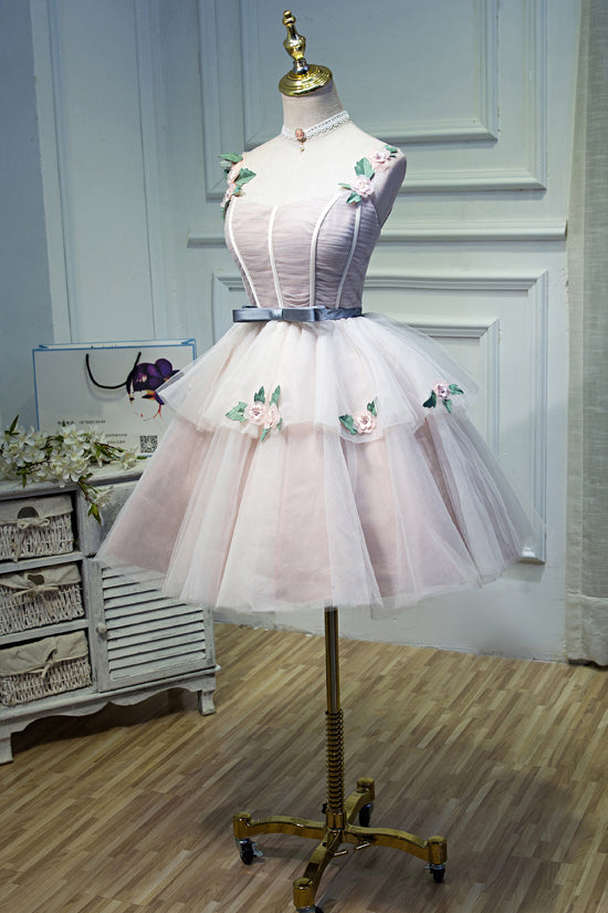 Puffy Straps Tulle Homecoming Dresses with Flowers Princess Graduation Dresses with Belt N1973