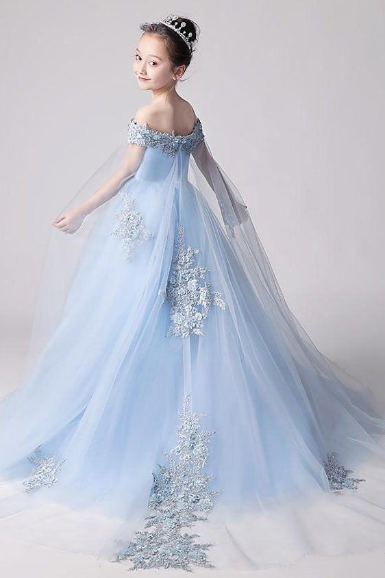 Sky Blue Off the Shoulder Appliques Tulle Flower Girl Dress F080