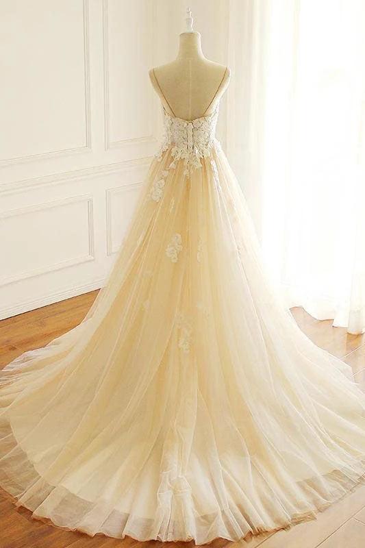 Spaghetti Straps A Line Long Custom Wedding Bridal Dresses Lace Applique Bridal Dresses N2426