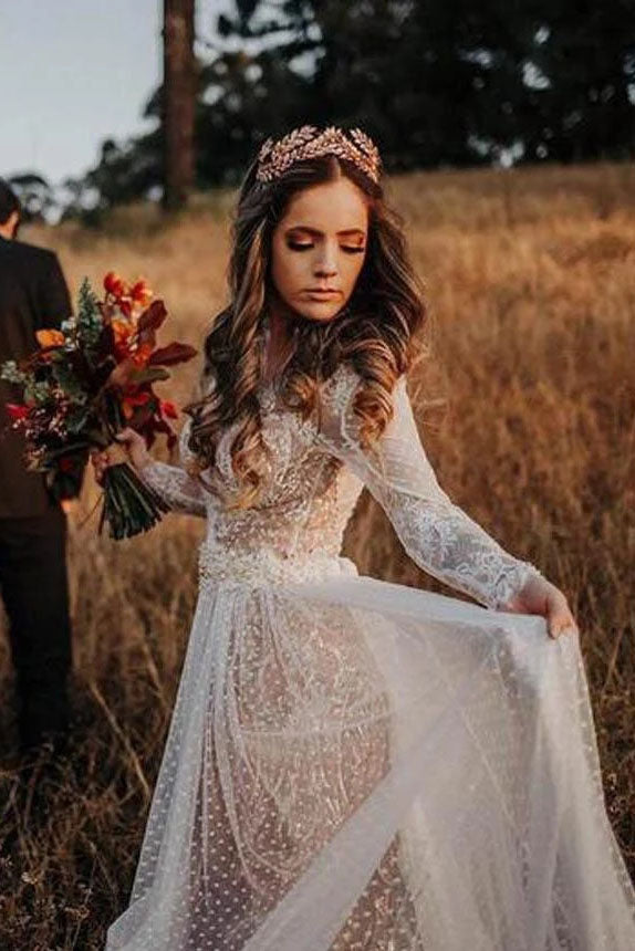 Unique V-Neck Long Sleeve Backless Lace Boho Wedding Dresses