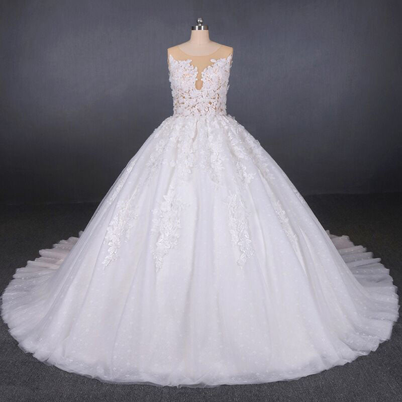 Ball Gown Sheer Neck Sleeveless White Wedding Dresses Lace Appliqued Bridal Dresses N2297