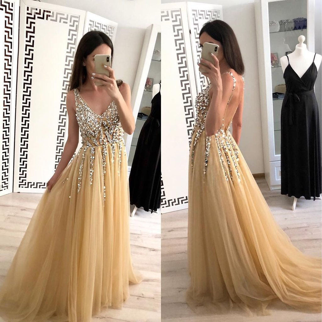 Sparkly V-Neck Sleeveless Beading Prom Dresses with Crystal A Line Tulle Party Dresses N1588