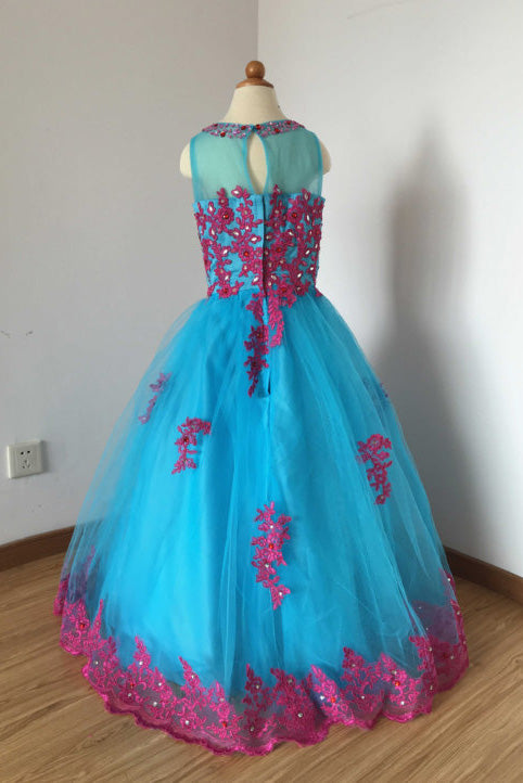 A Line Floor Length Blue Sleeveless Tulle Flower Girl Dress with Lace Applique F035