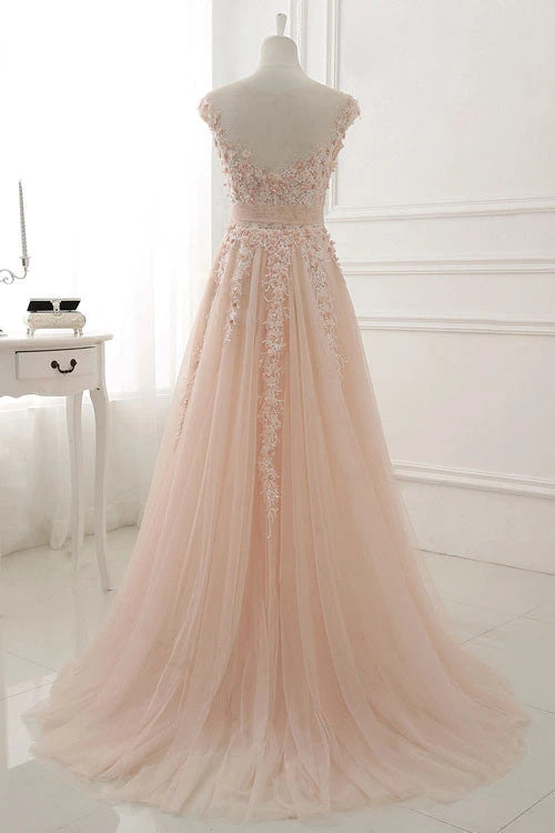 A Line Sheer Neck Cap Sleeves Lace Appliqued Tulle Prom Dresses N2655