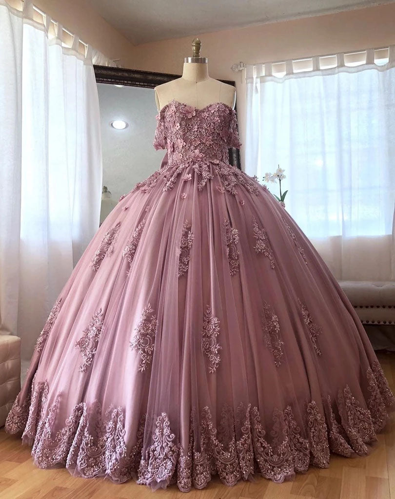 Gorgeous Off the Shoulder Lace Appliques Tulle Quinceanera Puffy Ball Gown Prom Dresses