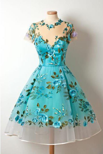 New Short Sleeves Unique Homecoming Dress,Appliqued Blue prom dress ...