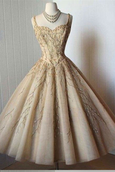 Tea-Length Prom Dress,Midi Dresses,A-Line Straps Homecoming Gown,Organza Homecoming Dress with Appliques,Sweetheart Party Gown,N137