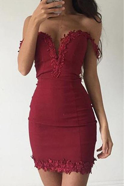 Sheath Burgundy Deep V-neck Off-the-shoulder Homecoming Dresses,Tight Prom Dress,N333