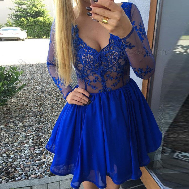 A Line V-Neck Long Sleeves Royal Blue Chiffon Lace Homecoming Dresses