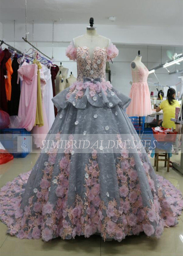 Pretty Ball Gown Wedding Dress with Flowers,Long Backless Wedding Gowns,Big Bridal Dress,N230