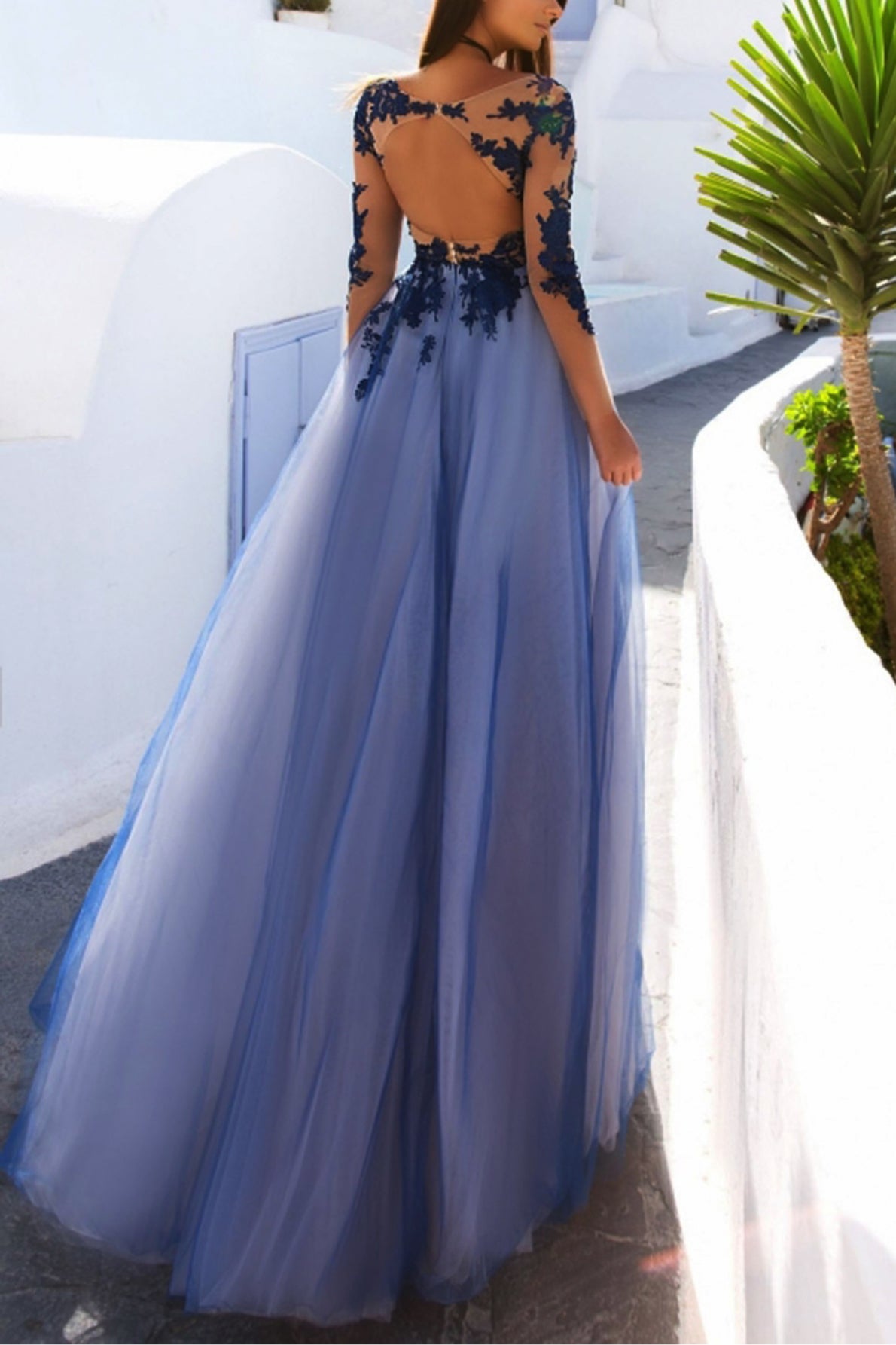 Long Sleeve Open Back Floor Length Flowy Tulle Prom Dresses