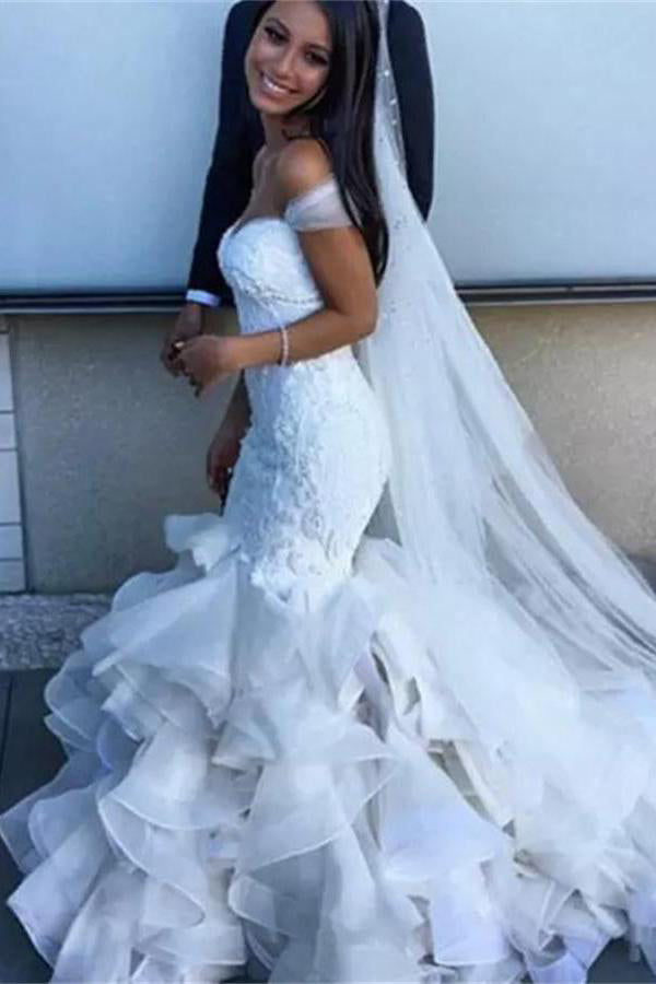 Gorgeous Off the Shoulder Mermaid Wedding Dress with Ruffles, White ...