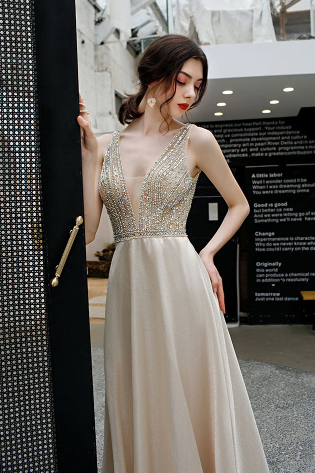 Deep V-Neck Sleeveless Evening Dresses with Sequins Backless A Line Party Dresses N2665