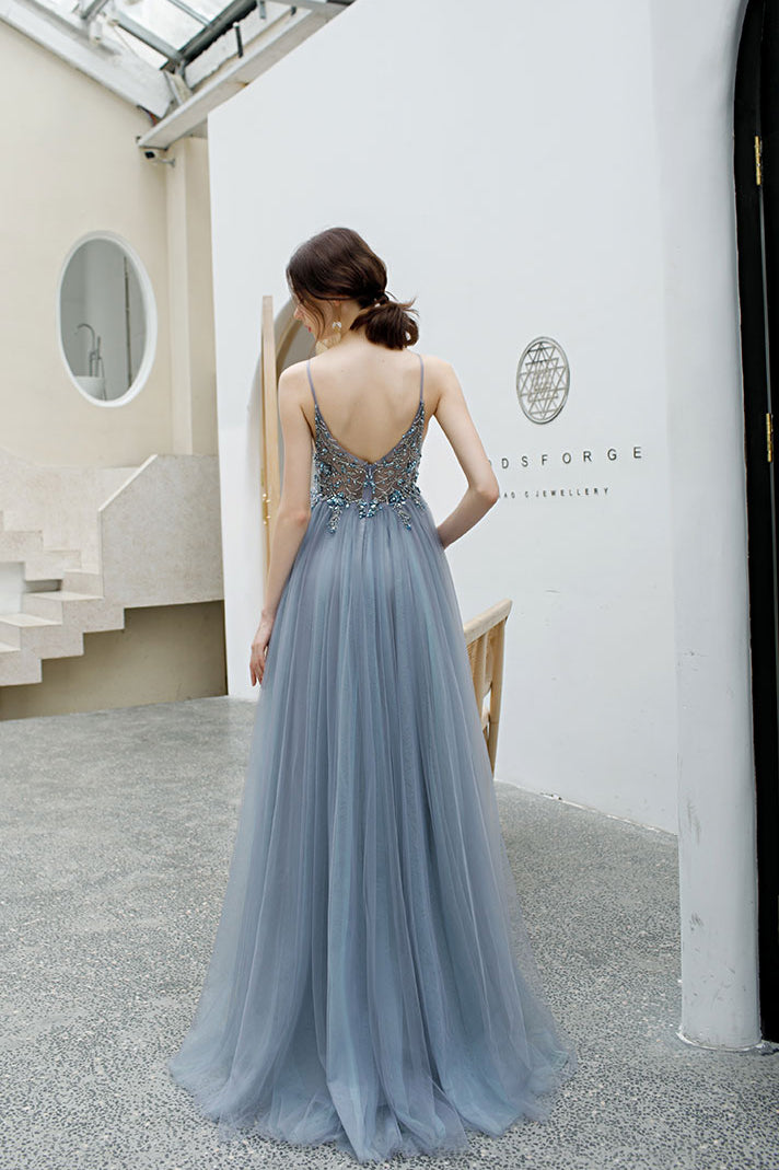 A Line Spaghetti Straps Tulle Beading Prom Dress with Side Slit N2664