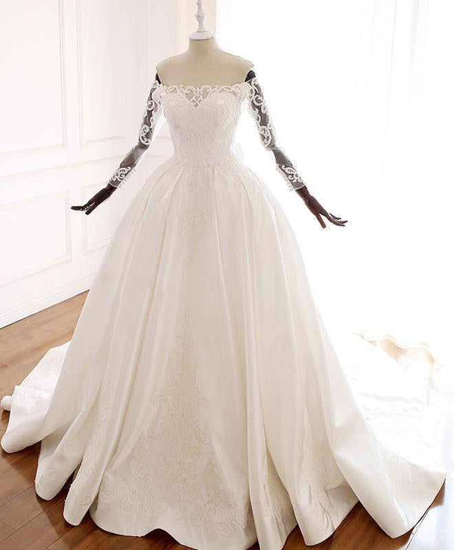 Ball Gown Long Sleeves Wedding Dresses with Lace Appliques Satin Bridal Gown N2582