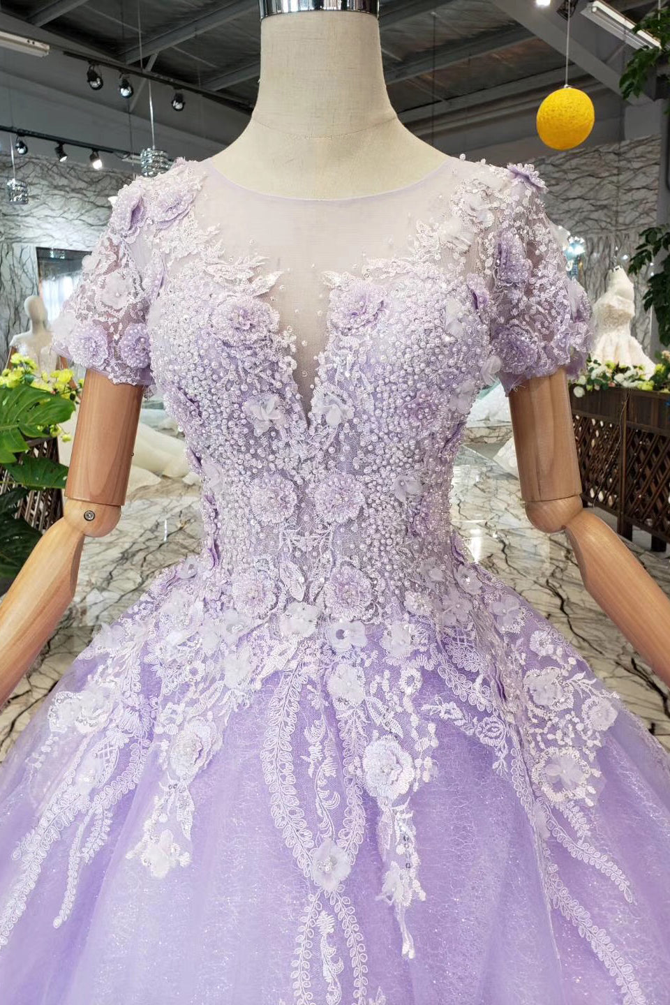 Gorgeous Lilac Ball Gown Short Sleeves Prom Dresses with Sheer Neck