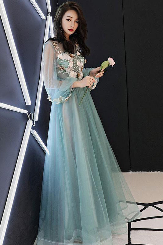 Charming A Line Long Sleeves Tulle Prom Dresses with Flowers N1758