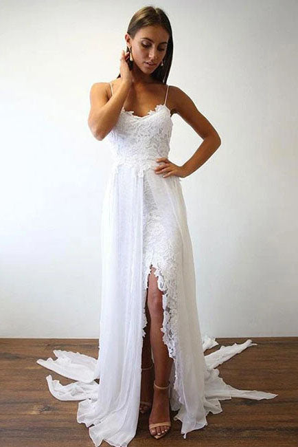 Spaghetti Straps Lace Beach Wedding Dress with Chiffon, Boho Bridal Dress with Slit N2683