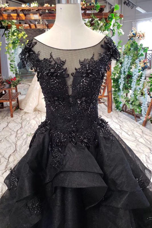 Puffy Cap Sleeves Lace Appliques Beaded Long Black Prom Dresses