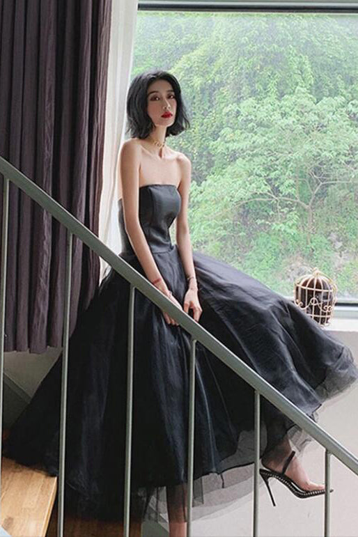 Black Strapless Tulle Puffy Homecoming Dresses Ankle Length Prom Dresses