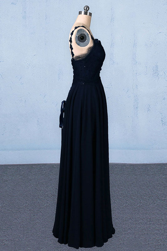 Dark Navy Blue Straps Floor Length Evening Dresses Long Chiffon Prom Dresses with Lace N2292