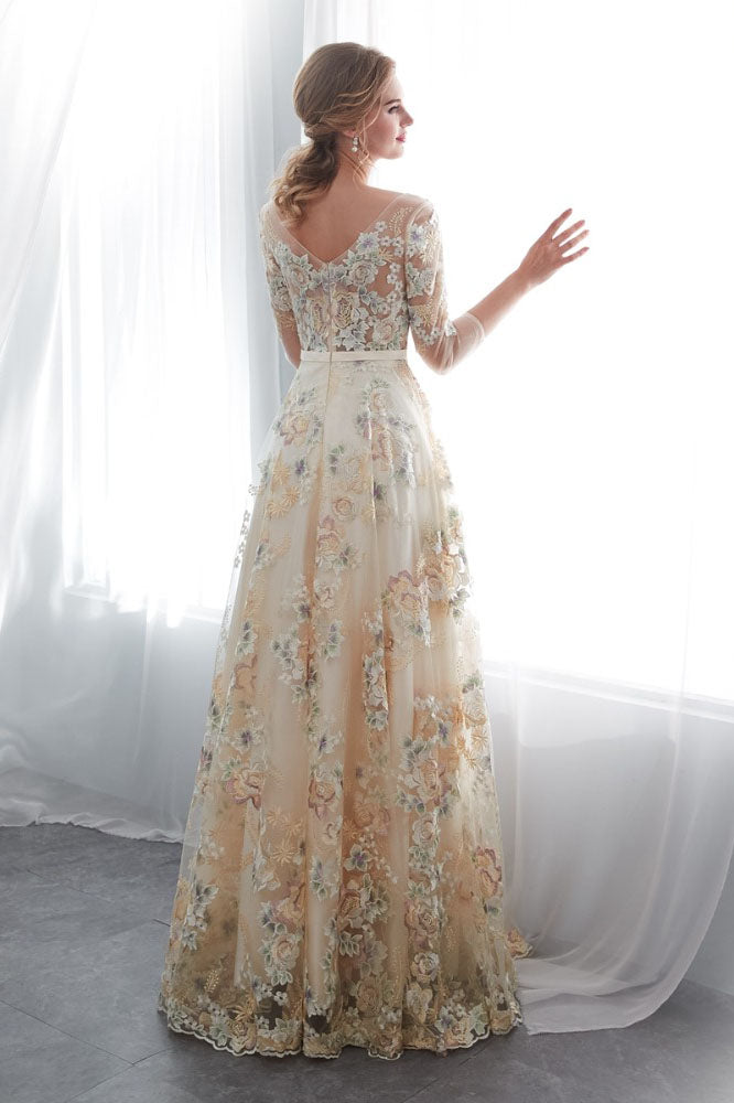 A Line 3/4 Sleeves Floor Length Floral Prom Dresses Long Evening Gowns N2277