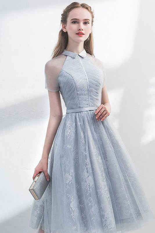 A Line Halter Short Sleeves Tulle Homecoming Dresses with Lace