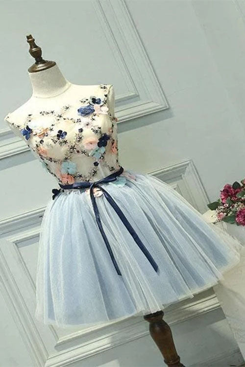 A Line Blue Tulle Homecoming Dress With Appliques Cute Graduation Dress with Flower N2177