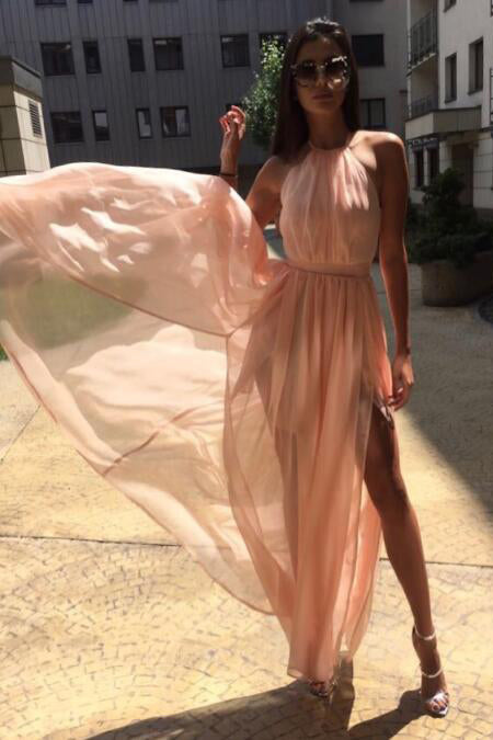 Unique A Line High Neck Chiffon Long Prom Dresses  Sleeveless Long Formal Dresses N1103