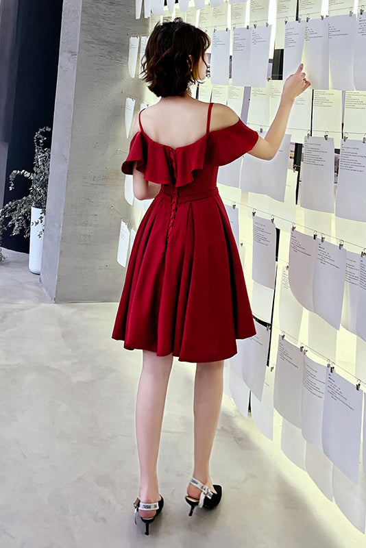 Burgundy Straps Off the Shoulder Knee Length Homecoming Dresses with Ruffles N1960