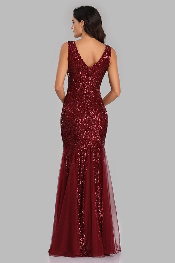 Sexy Burgundy Tulle V-Neck Mermaid Sequin Floor Length Prom Dresses XU90813